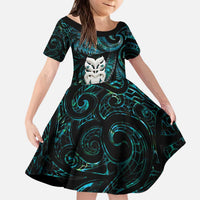 New Zealand Aotearoa Kid Short Sleeve Dress Maori Wheku Paua Shell Glitter Turquoise LT05 KID Turquoise - Polynesian Pride