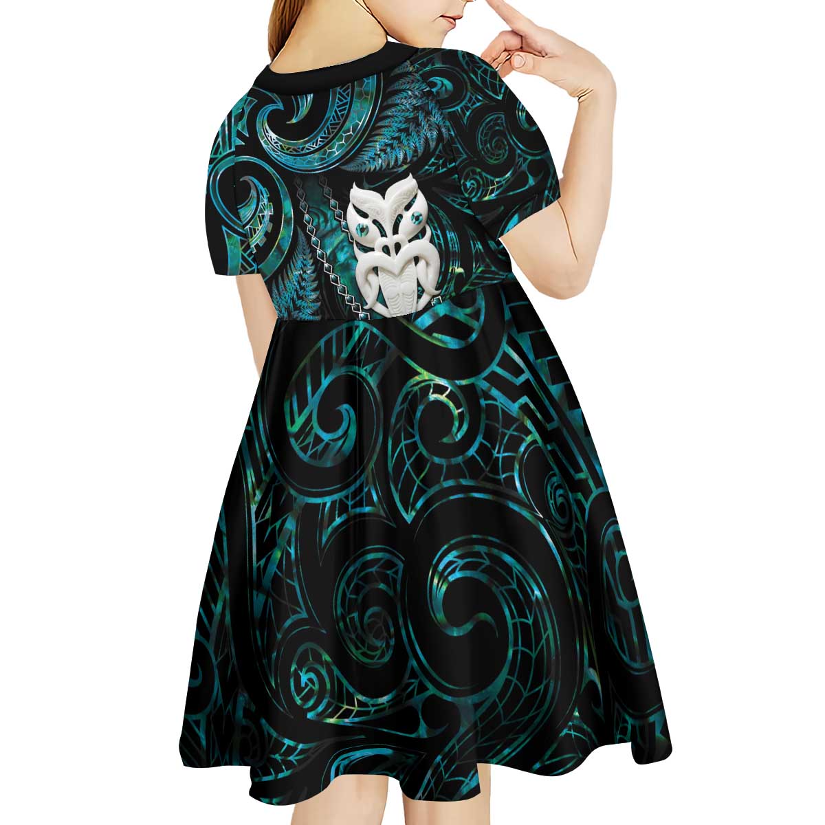 New Zealand Aotearoa Kid Short Sleeve Dress Maori Wheku Paua Shell Glitter Turquoise LT05 - Polynesian Pride