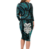 New Zealand Aotearoa Long Sleeve Bodycon Dress Maori Wheku Paua Shell Glitter Turquoise LT05 - Polynesian Pride
