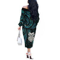 New Zealand Aotearoa Off The Shoulder Long Sleeve Dress Maori Wheku Paua Shell Glitter Turquoise LT05 - Polynesian Pride