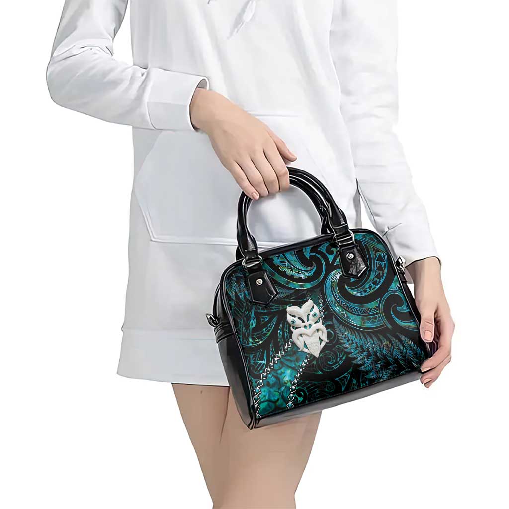 New Zealand Aotearoa Shoulder Handbag Maori Wheku Paua Shell Glitter Turquoise