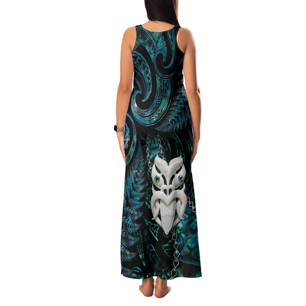 New Zealand Aotearoa Tank Maxi Dress Maori Wheku Paua Shell Glitter Turquoise LT05 - Polynesian Pride