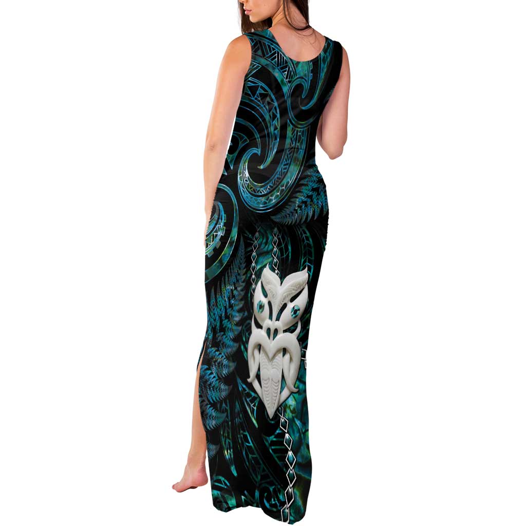 New Zealand Aotearoa Tank Maxi Dress Maori Wheku Paua Shell Glitter Turquoise LT05 - Polynesian Pride
