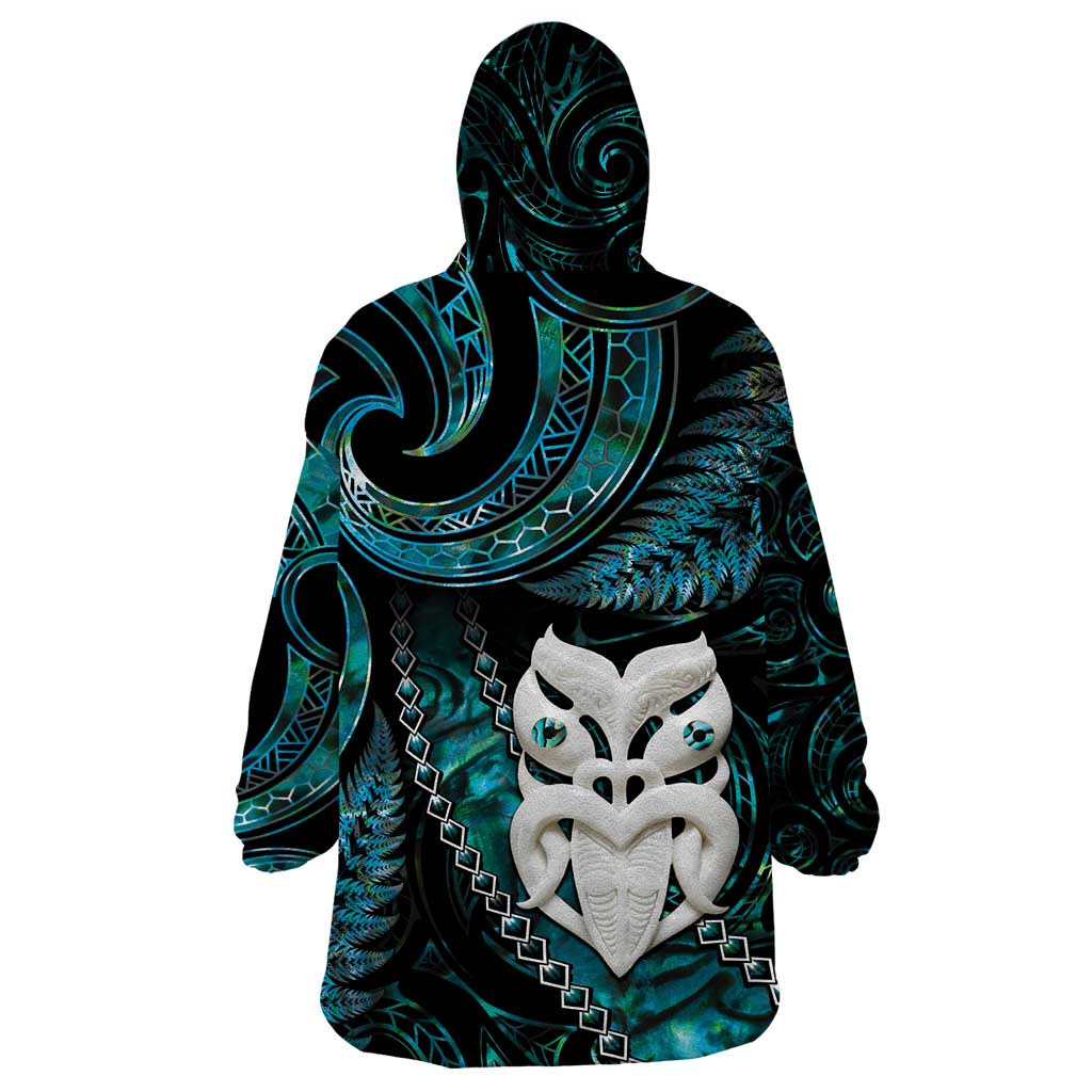 New Zealand Aotearoa Wearable Blanket Hoodie Maori Wheku Paua Shell Glitter Turquoise LT05 - Polynesian Pride
