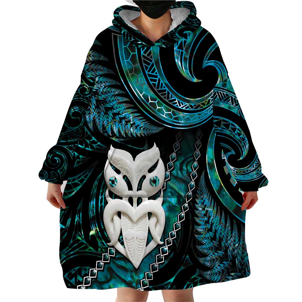 New Zealand Aotearoa Wearable Blanket Hoodie Maori Wheku Paua Shell Glitter Turquoise LT05 - Polynesian Pride