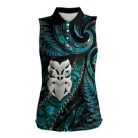 New Zealand Aotearoa Women Sleeveless Polo Shirt Maori Wheku Paua Shell Glitter Turquoise LT05 Female Turquoise - Polynesian Pride