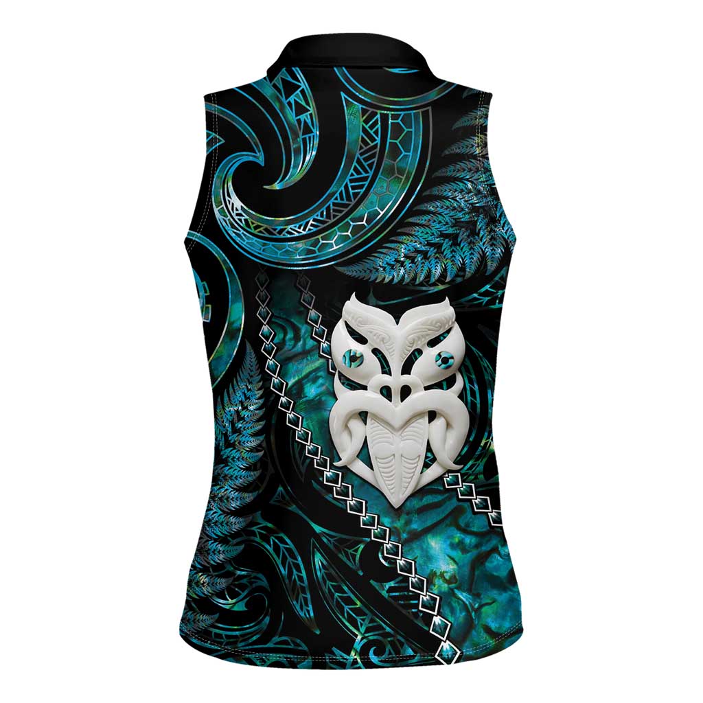 New Zealand Aotearoa Women Sleeveless Polo Shirt Maori Wheku Paua Shell Glitter Turquoise LT05 - Polynesian Pride