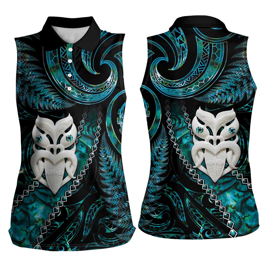 New Zealand Aotearoa Women Sleeveless Polo Shirt Maori Wheku Paua Shell Glitter Turquoise LT05 - Polynesian Pride