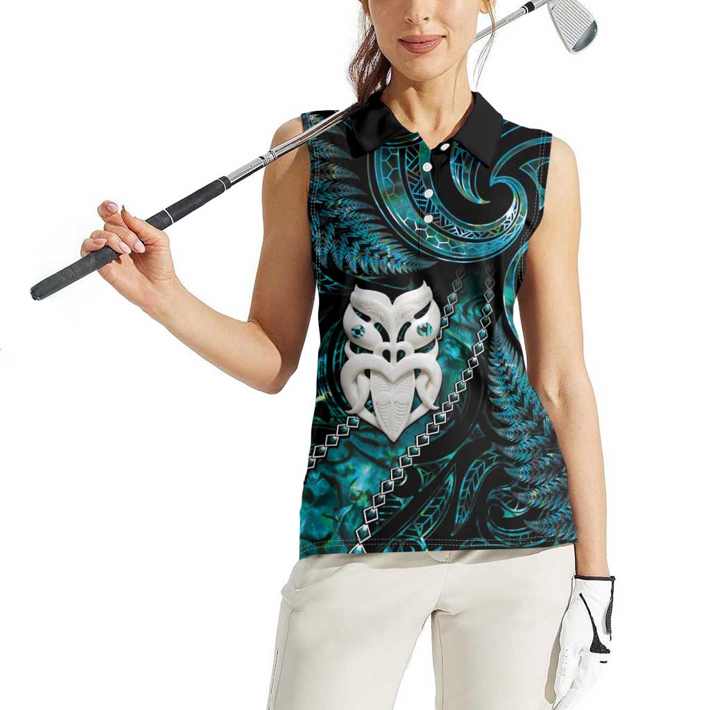 New Zealand Aotearoa Women Sleeveless Polo Shirt Maori Wheku Paua Shell Glitter Turquoise LT05 - Polynesian Pride