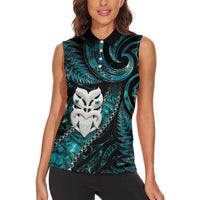New Zealand Aotearoa Women Sleeveless Polo Shirt Maori Wheku Paua Shell Glitter Turquoise LT05 - Polynesian Pride
