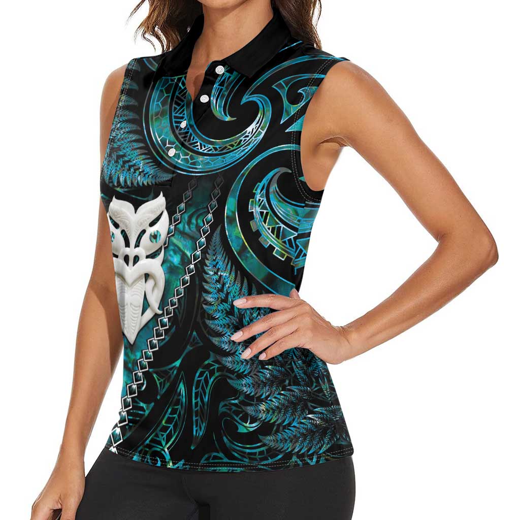 New Zealand Aotearoa Women Sleeveless Polo Shirt Maori Wheku Paua Shell Glitter Turquoise LT05 - Polynesian Pride