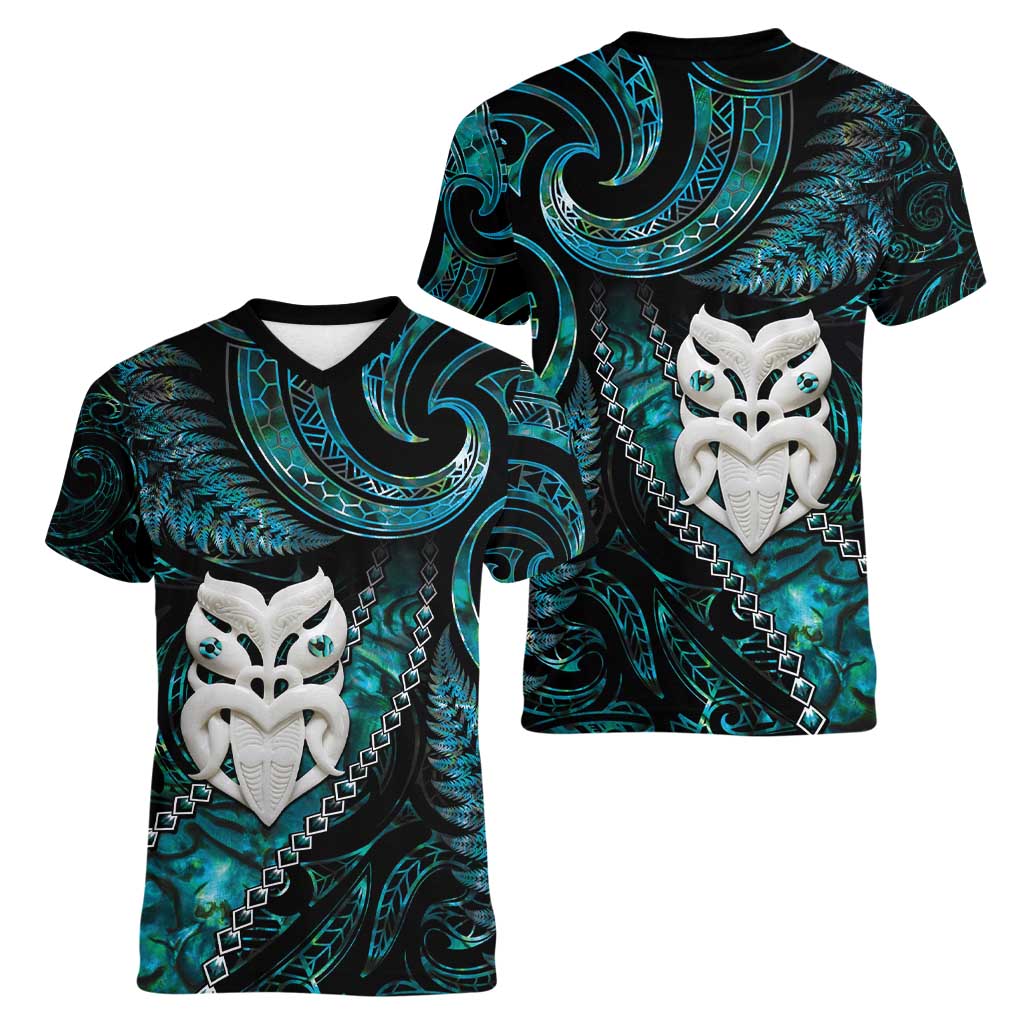 New Zealand Aotearoa Women V-Neck T-Shirt Maori Wheku Paua Shell Glitter Turquoise LT05 - Polynesian Pride