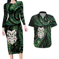 New Zealand Aotearoa Couples Matching Long Sleeve Bodycon Dress and Hawaiian Shirt Maori Wheku Paua Shell Glitter Green LT05 Green - Polynesian Pride