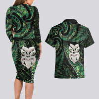 New Zealand Aotearoa Couples Matching Long Sleeve Bodycon Dress and Hawaiian Shirt Maori Wheku Paua Shell Glitter Green LT05 - Polynesian Pride