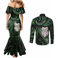New Zealand Aotearoa Couples Matching Mermaid Dress and Long Sleeve Button Shirt Maori Wheku Paua Shell Glitter Green LT05 - Polynesian Pride