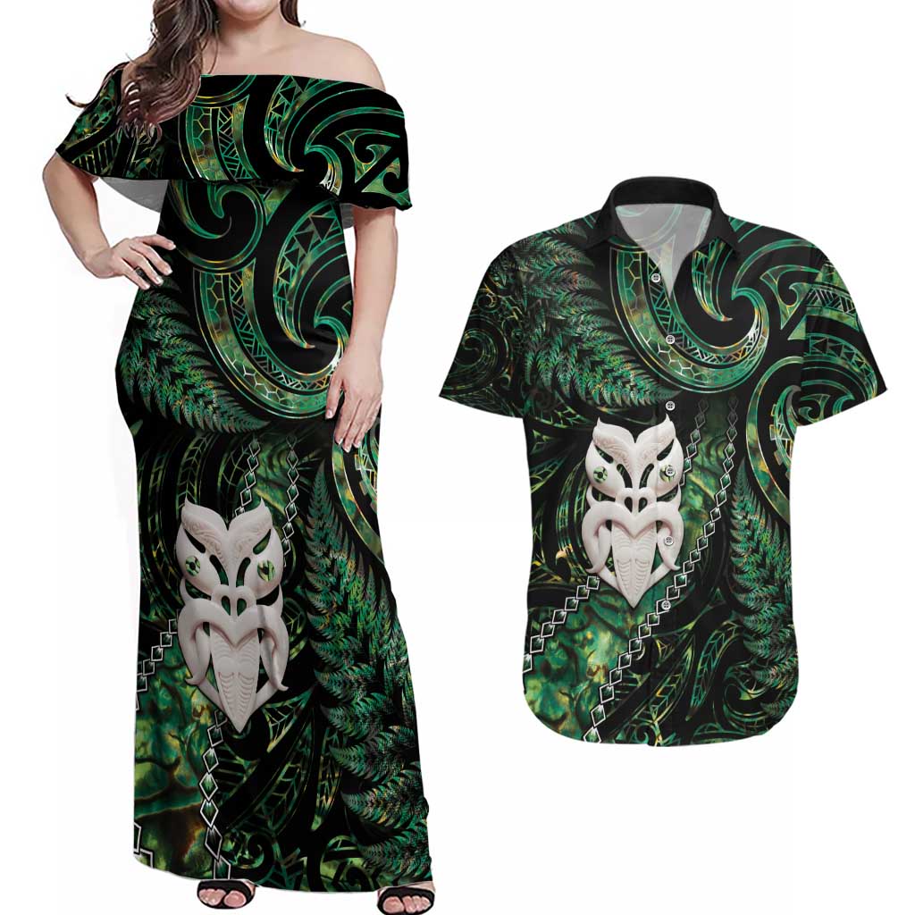 New Zealand Aotearoa Couples Matching Off Shoulder Maxi Dress and Hawaiian Shirt Maori Wheku Paua Shell Glitter Green LT05 Green - Polynesian Pride
