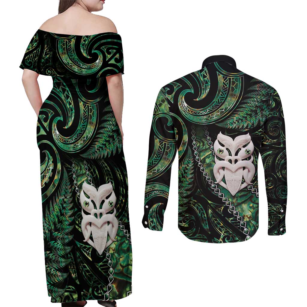 New Zealand Aotearoa Couples Matching Off Shoulder Maxi Dress and Long Sleeve Button Shirt Maori Wheku Paua Shell Glitter Green LT05 - Polynesian Pride