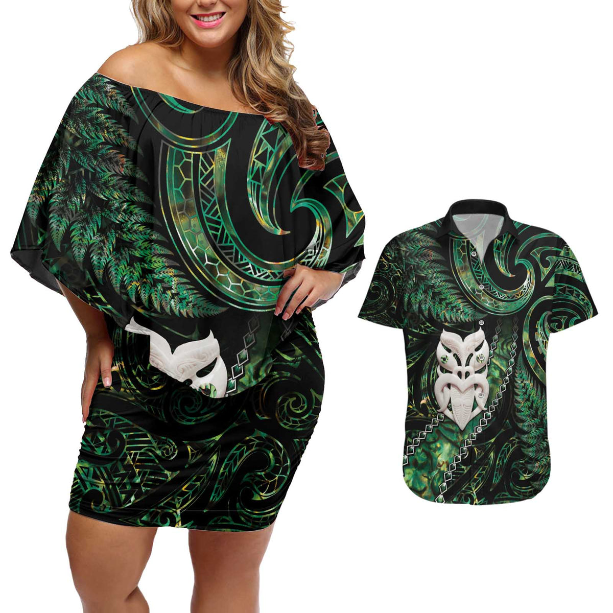 New Zealand Aotearoa Couples Matching Off Shoulder Short Dress and Hawaiian Shirt Maori Wheku Paua Shell Glitter Green LT05 Green - Polynesian Pride