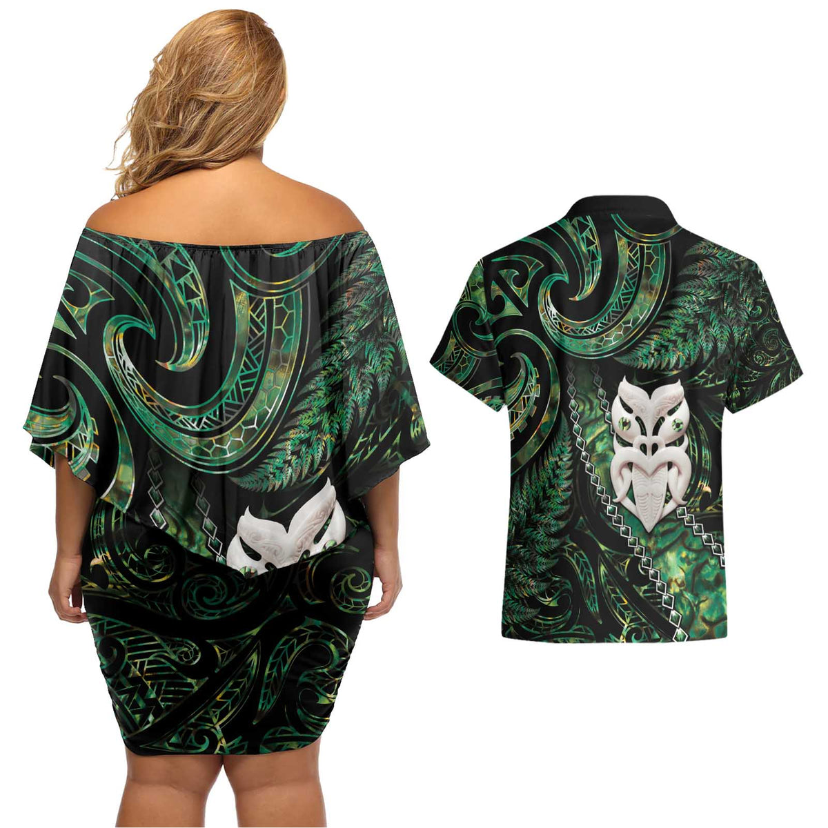 New Zealand Aotearoa Couples Matching Off Shoulder Short Dress and Hawaiian Shirt Maori Wheku Paua Shell Glitter Green LT05 - Polynesian Pride