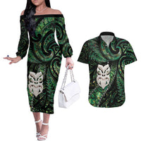 New Zealand Aotearoa Couples Matching Off The Shoulder Long Sleeve Dress and Hawaiian Shirt Maori Wheku Paua Shell Glitter Green LT05 Green - Polynesian Pride