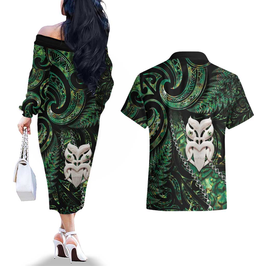 New Zealand Aotearoa Couples Matching Off The Shoulder Long Sleeve Dress and Hawaiian Shirt Maori Wheku Paua Shell Glitter Green LT05 - Polynesian Pride