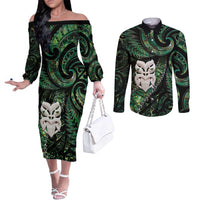 New Zealand Aotearoa Couples Matching Off The Shoulder Long Sleeve Dress and Long Sleeve Button Shirt Maori Wheku Paua Shell Glitter Green LT05 Green - Polynesian Pride