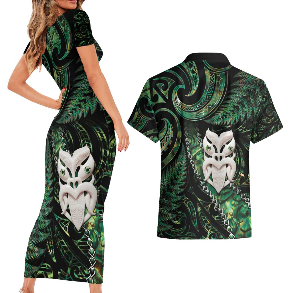 New Zealand Aotearoa Couples Matching Short Sleeve Bodycon Dress and Hawaiian Shirt Maori Wheku Paua Shell Glitter Green LT05 - Polynesian Pride