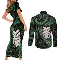 New Zealand Aotearoa Couples Matching Short Sleeve Bodycon Dress and Long Sleeve Button Shirt Maori Wheku Paua Shell Glitter Green LT05 - Polynesian Pride