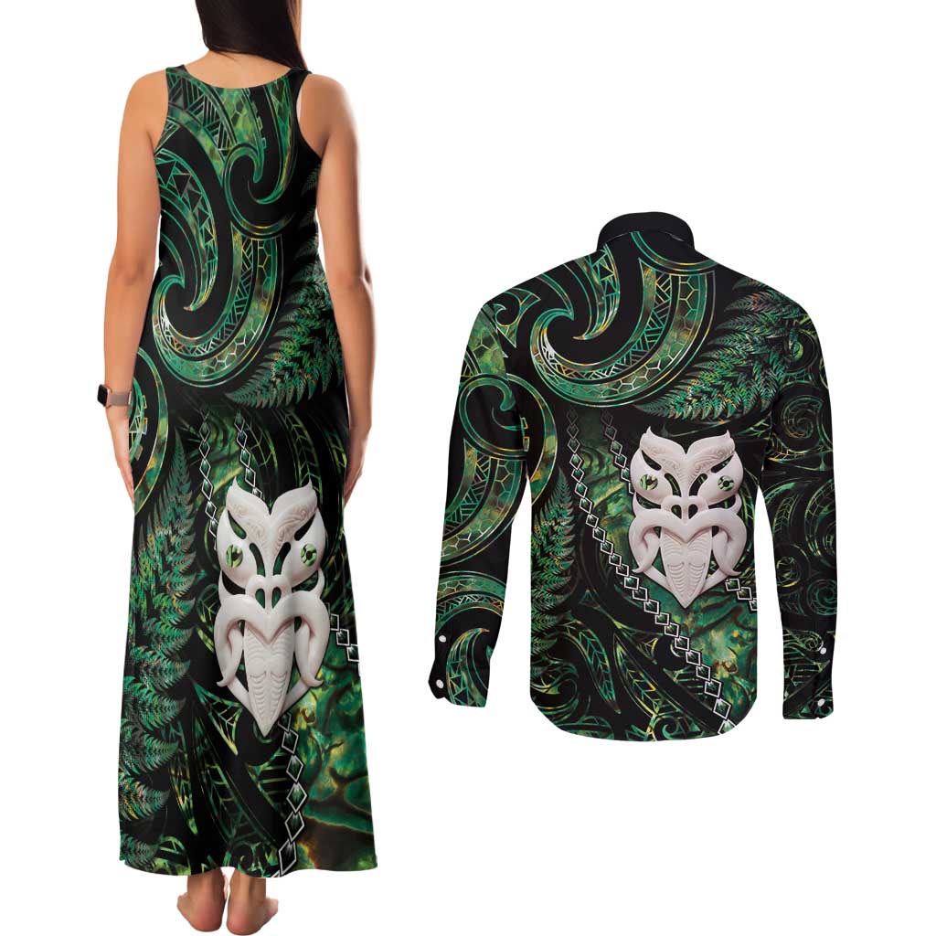 New Zealand Aotearoa Couples Matching Tank Maxi Dress and Long Sleeve Button Shirt Maori Wheku Paua Shell Glitter Green LT05 - Polynesian Pride