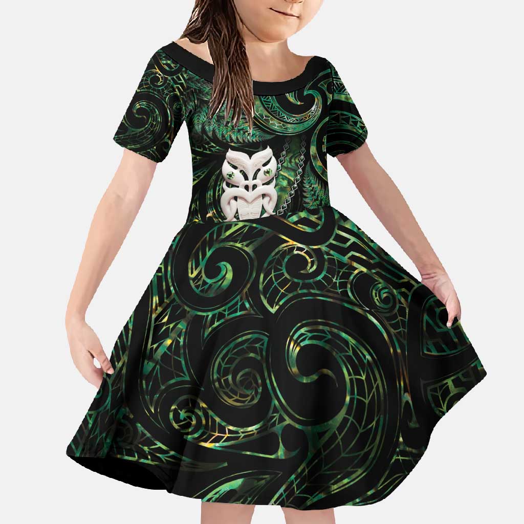 New Zealand Aotearoa Family Matching Mermaid Dress and Hawaiian Shirt Maori Wheku Paua Shell Glitter Green LT05 Daughter's Dress Green - Polynesian Pride