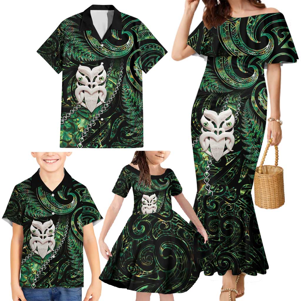 New Zealand Aotearoa Family Matching Mermaid Dress and Hawaiian Shirt Maori Wheku Paua Shell Glitter Green LT05 - Polynesian Pride