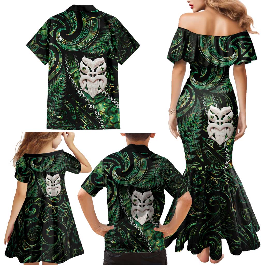 New Zealand Aotearoa Family Matching Mermaid Dress and Hawaiian Shirt Maori Wheku Paua Shell Glitter Green LT05 - Polynesian Pride
