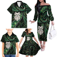 New Zealand Aotearoa Family Matching Off The Shoulder Long Sleeve Dress and Hawaiian Shirt Maori Wheku Paua Shell Glitter Green LT05 - Polynesian Pride