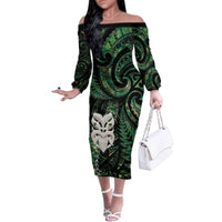 New Zealand Aotearoa Family Matching Off The Shoulder Long Sleeve Dress and Hawaiian Shirt Maori Wheku Paua Shell Glitter Green LT05 Mom's Dress Green - Polynesian Pride