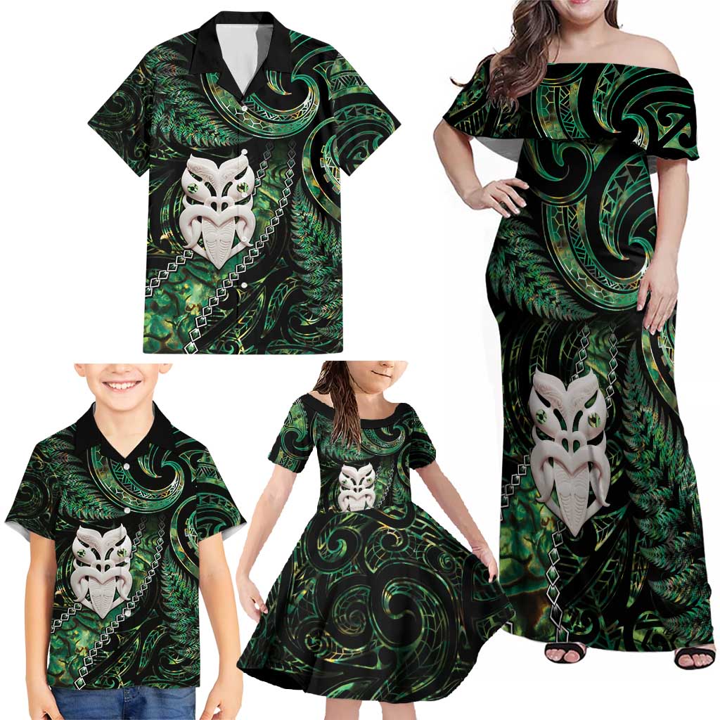 New Zealand Aotearoa Family Matching Off Shoulder Maxi Dress and Hawaiian Shirt Maori Wheku Paua Shell Glitter Green LT05 - Polynesian Pride