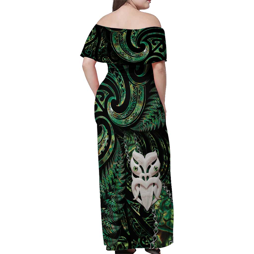New Zealand Aotearoa Family Matching Off Shoulder Maxi Dress and Hawaiian Shirt Maori Wheku Paua Shell Glitter Green LT05 - Polynesian Pride