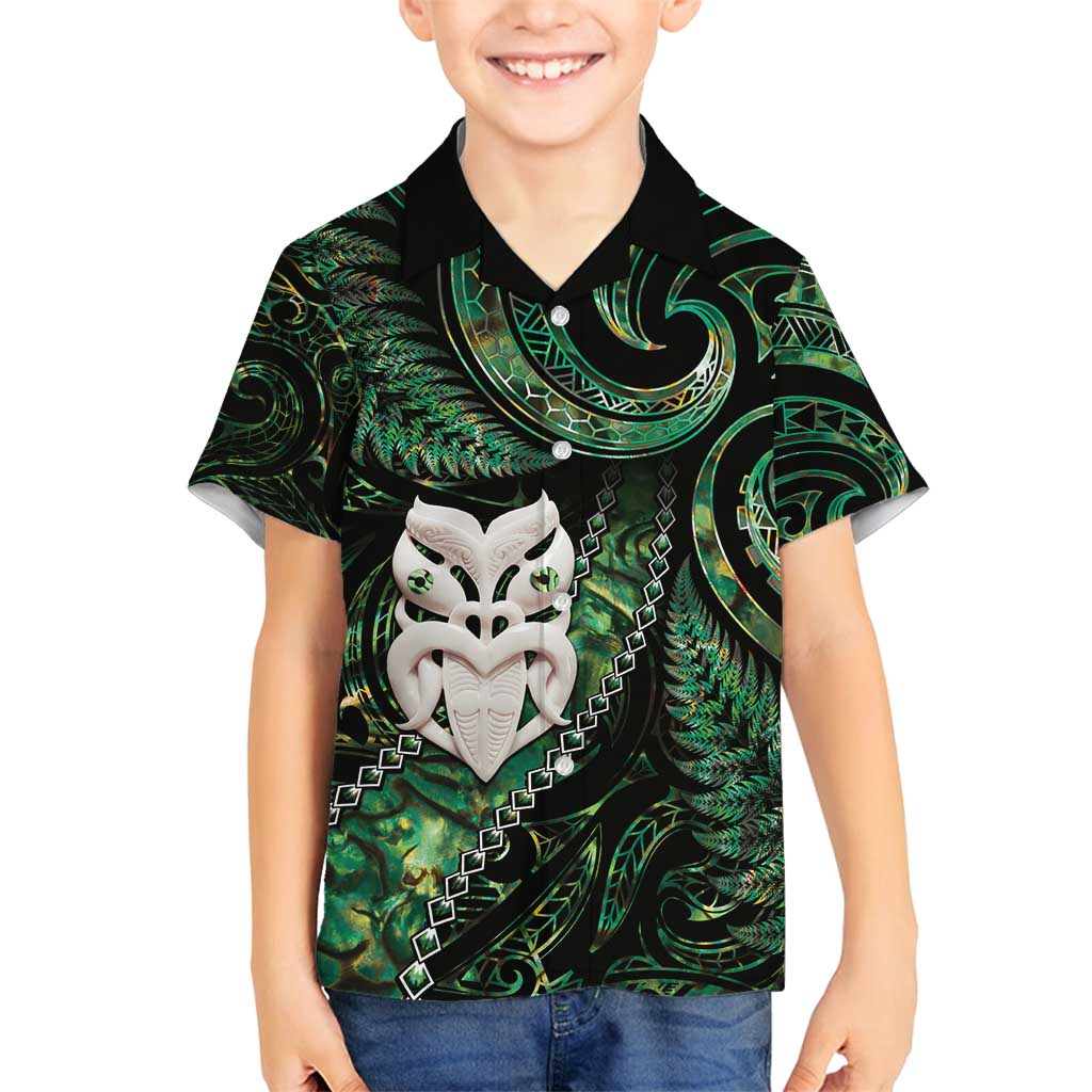 New Zealand Aotearoa Family Matching Off Shoulder Maxi Dress and Hawaiian Shirt Maori Wheku Paua Shell Glitter Green LT05 Son's Shirt Green - Polynesian Pride