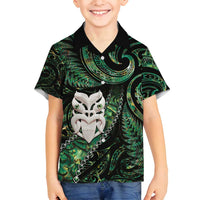 New Zealand Aotearoa Family Matching Off Shoulder Maxi Dress and Hawaiian Shirt Maori Wheku Paua Shell Glitter Green LT05 Son's Shirt Green - Polynesian Pride