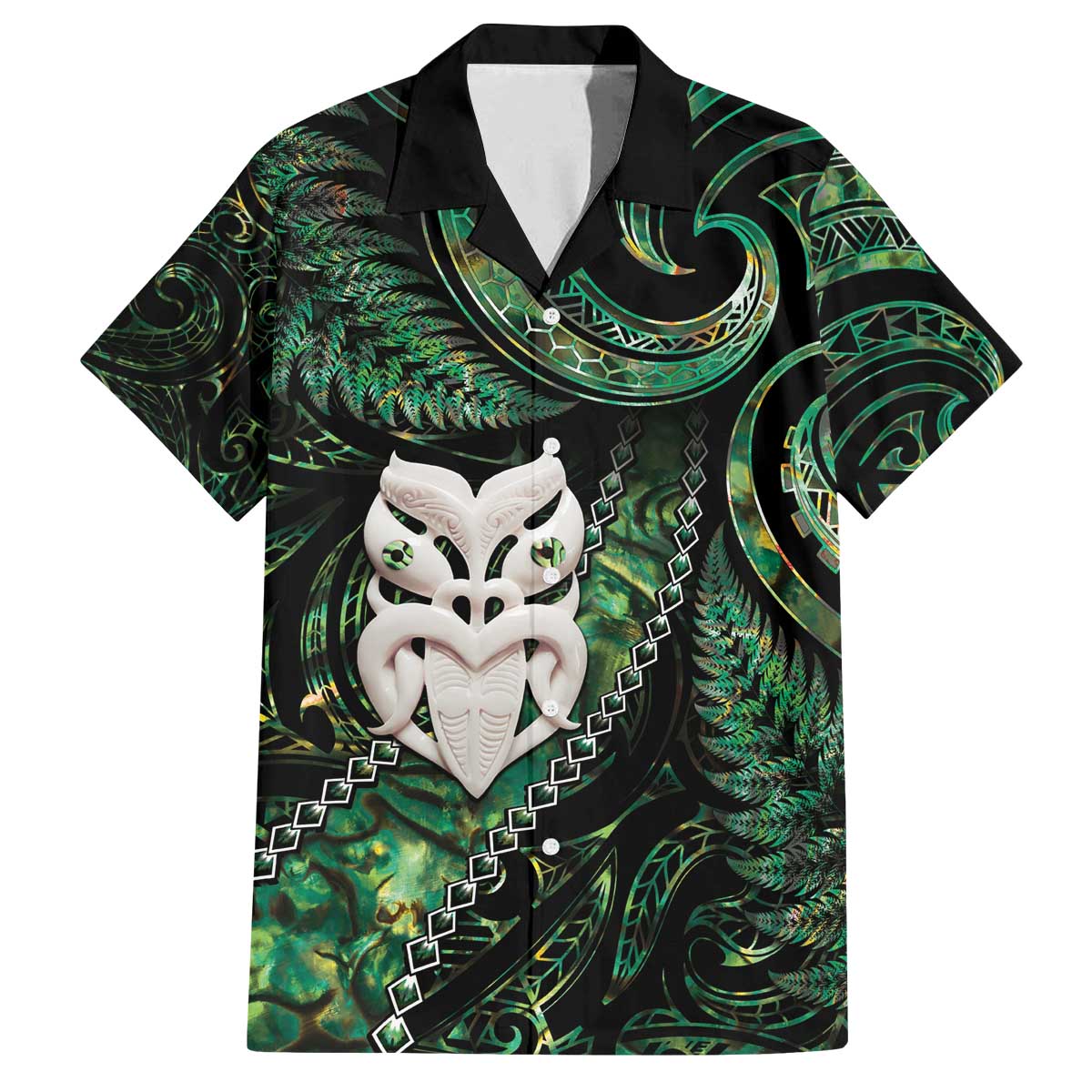 New Zealand Aotearoa Family Matching Off Shoulder Short Dress and Hawaiian Shirt Maori Wheku Paua Shell Glitter Green LT05 Dad's Shirt - Short Sleeve Green - Polynesian Pride