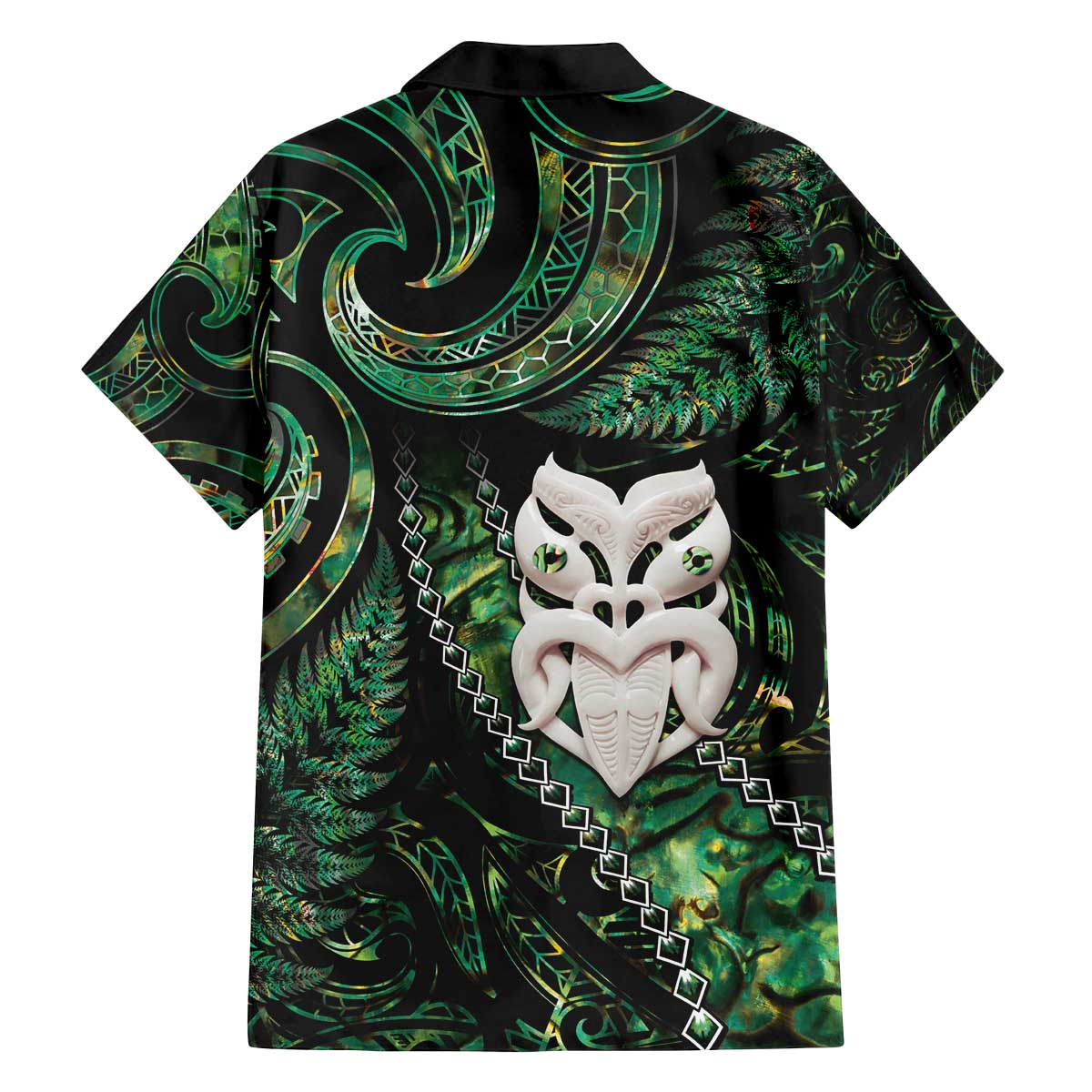 New Zealand Aotearoa Family Matching Off Shoulder Short Dress and Hawaiian Shirt Maori Wheku Paua Shell Glitter Green LT05 - Polynesian Pride