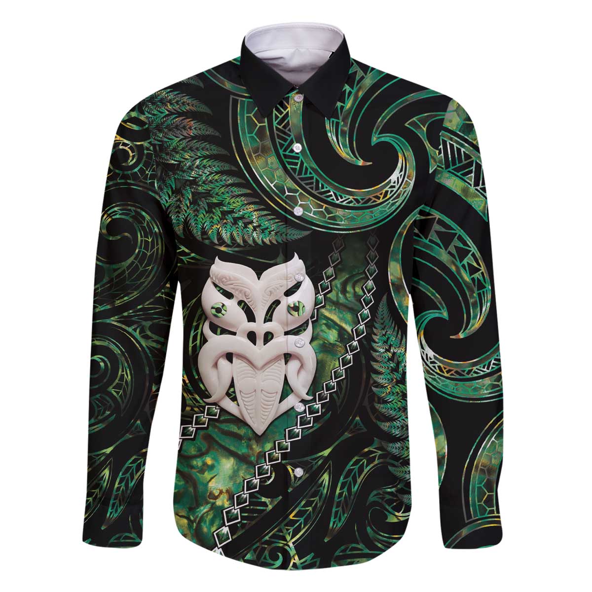 New Zealand Aotearoa Family Matching Off Shoulder Short Dress and Hawaiian Shirt Maori Wheku Paua Shell Glitter Green LT05 Dad's Shirt - Long Sleeve Green - Polynesian Pride
