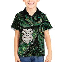 New Zealand Aotearoa Family Matching Off Shoulder Short Dress and Hawaiian Shirt Maori Wheku Paua Shell Glitter Green LT05 Son's Shirt Green - Polynesian Pride