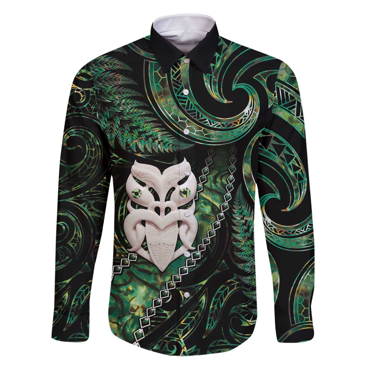 New Zealand Aotearoa Family Matching Puletasi and Hawaiian Shirt Maori Wheku Paua Shell Glitter Green LT05 Dad's Shirt - Long Sleeve Green - Polynesian Pride
