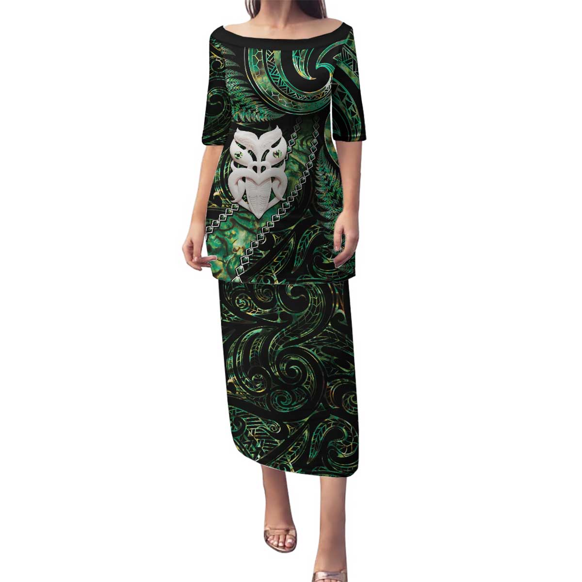 New Zealand Aotearoa Family Matching Puletasi and Hawaiian Shirt Maori Wheku Paua Shell Glitter Green LT05 Mom's Dress Green - Polynesian Pride