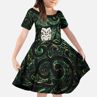 New Zealand Aotearoa Family Matching Short Sleeve Bodycon Dress and Hawaiian Shirt Maori Wheku Paua Shell Glitter Green LT05 Daughter's Dress Green - Polynesian Pride