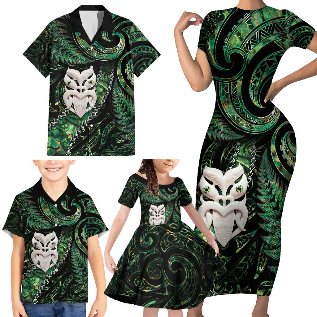New Zealand Aotearoa Family Matching Short Sleeve Bodycon Dress and Hawaiian Shirt Maori Wheku Paua Shell Glitter Green LT05 - Polynesian Pride