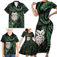 New Zealand Aotearoa Family Matching Short Sleeve Bodycon Dress and Hawaiian Shirt Maori Wheku Paua Shell Glitter Green LT05 - Polynesian Pride