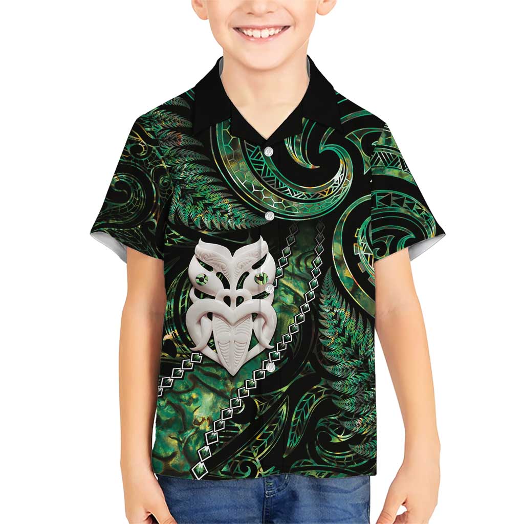 New Zealand Aotearoa Family Matching Short Sleeve Bodycon Dress and Hawaiian Shirt Maori Wheku Paua Shell Glitter Green LT05 Son's Shirt Green - Polynesian Pride