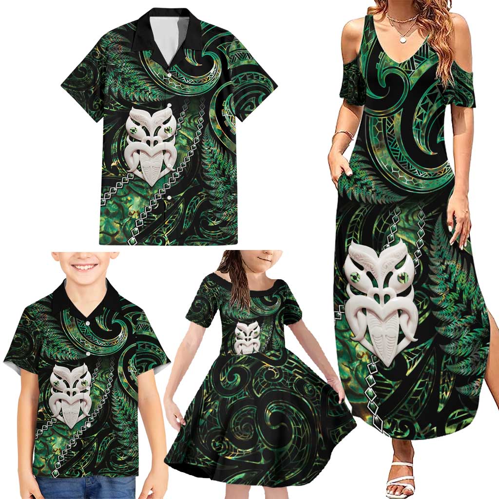 New Zealand Aotearoa Family Matching Summer Maxi Dress and Hawaiian Shirt Maori Wheku Paua Shell Glitter Green LT05 - Polynesian Pride