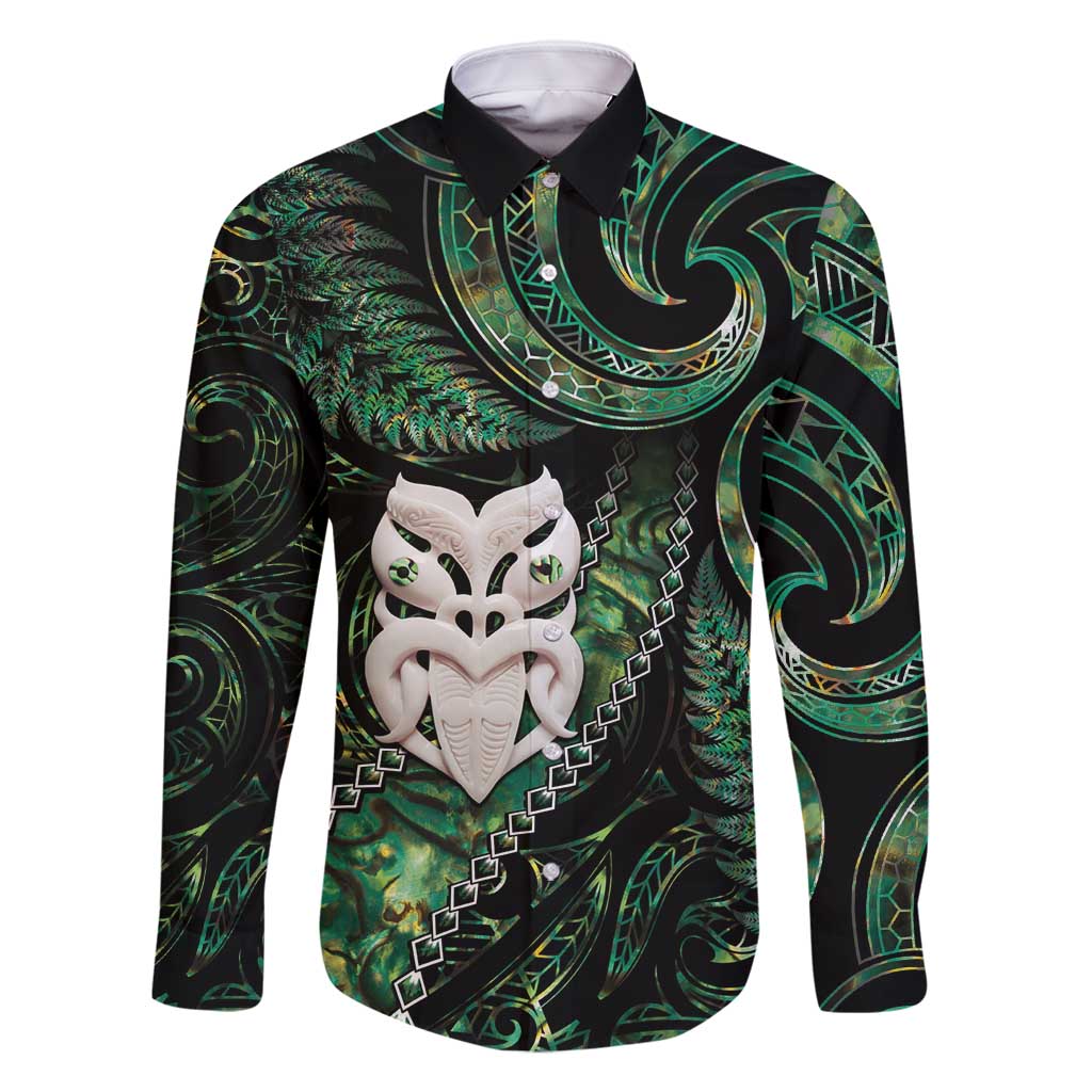 New Zealand Aotearoa Family Matching Tank Maxi Dress and Hawaiian Shirt Maori Wheku Paua Shell Glitter Green LT05 Dad's Shirt - Long Sleeve Green - Polynesian Pride